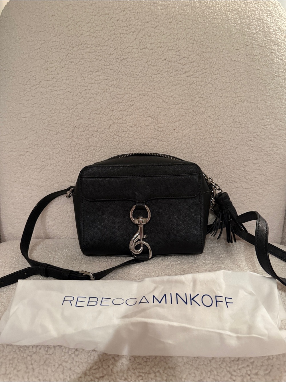 Rebecca Minkoff Black Leather Mini Camera Bag with Tassel